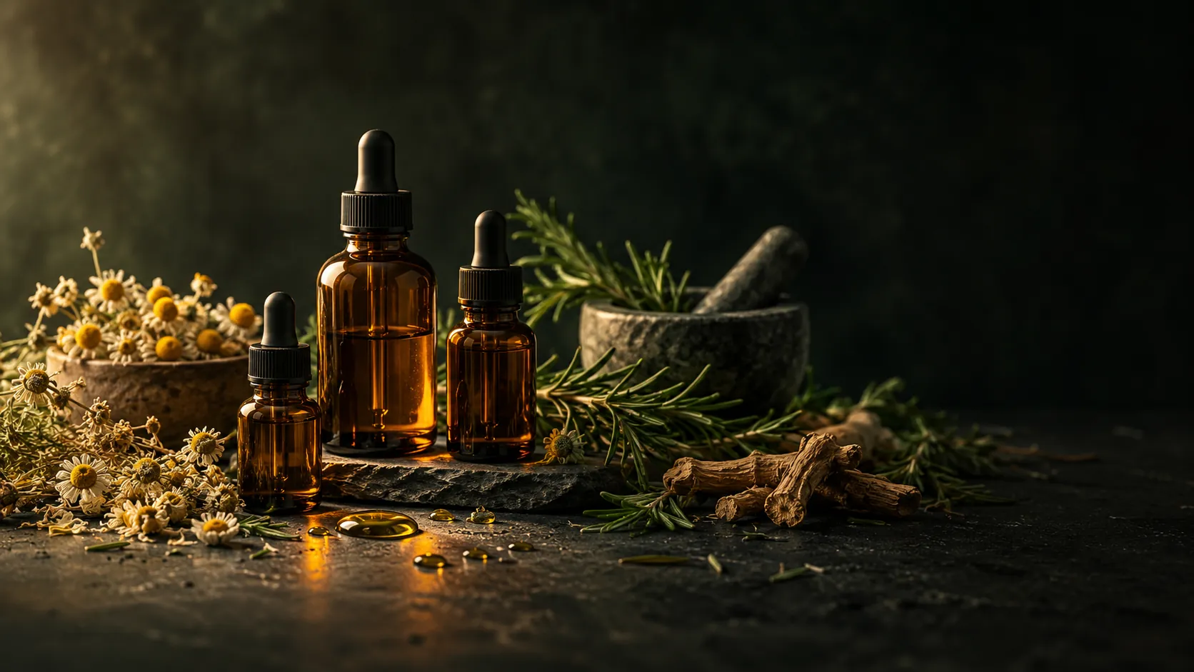 Botanical extract dropper bottles with dried herbs