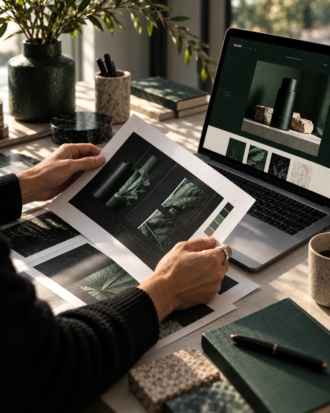 A designer reviewing printed label proofs next to a laptop showing a dark green online store